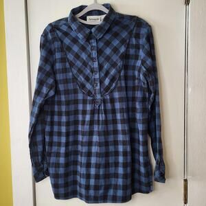 Serengeti blue plaid flannel tunic-style shirt/blouse sz LG 100% cotton